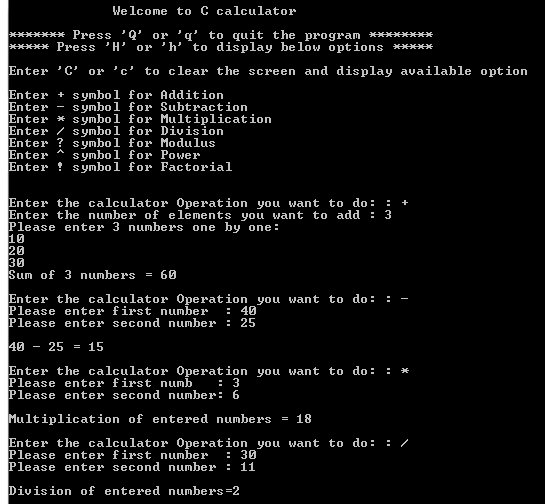 calculator code in c